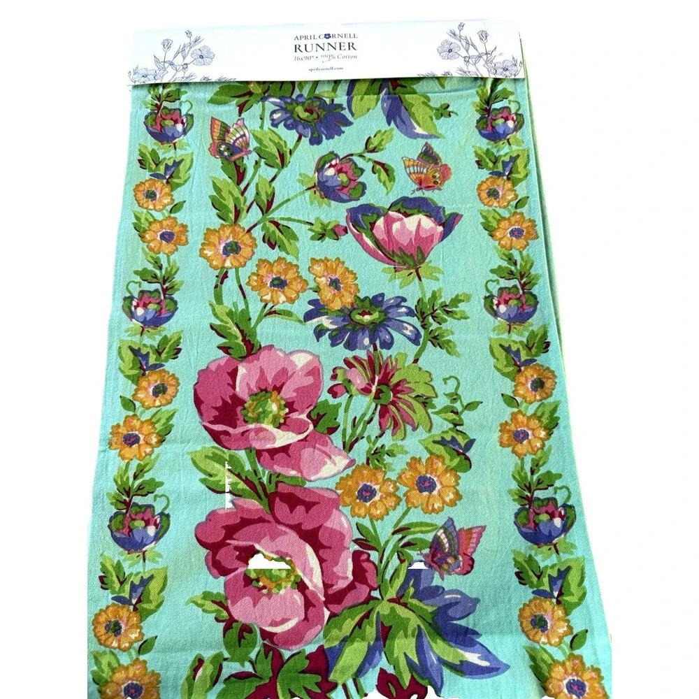 April Cornell Penny's Patio Table Runner Cotton Teal Pink Multi 16x90 Spring